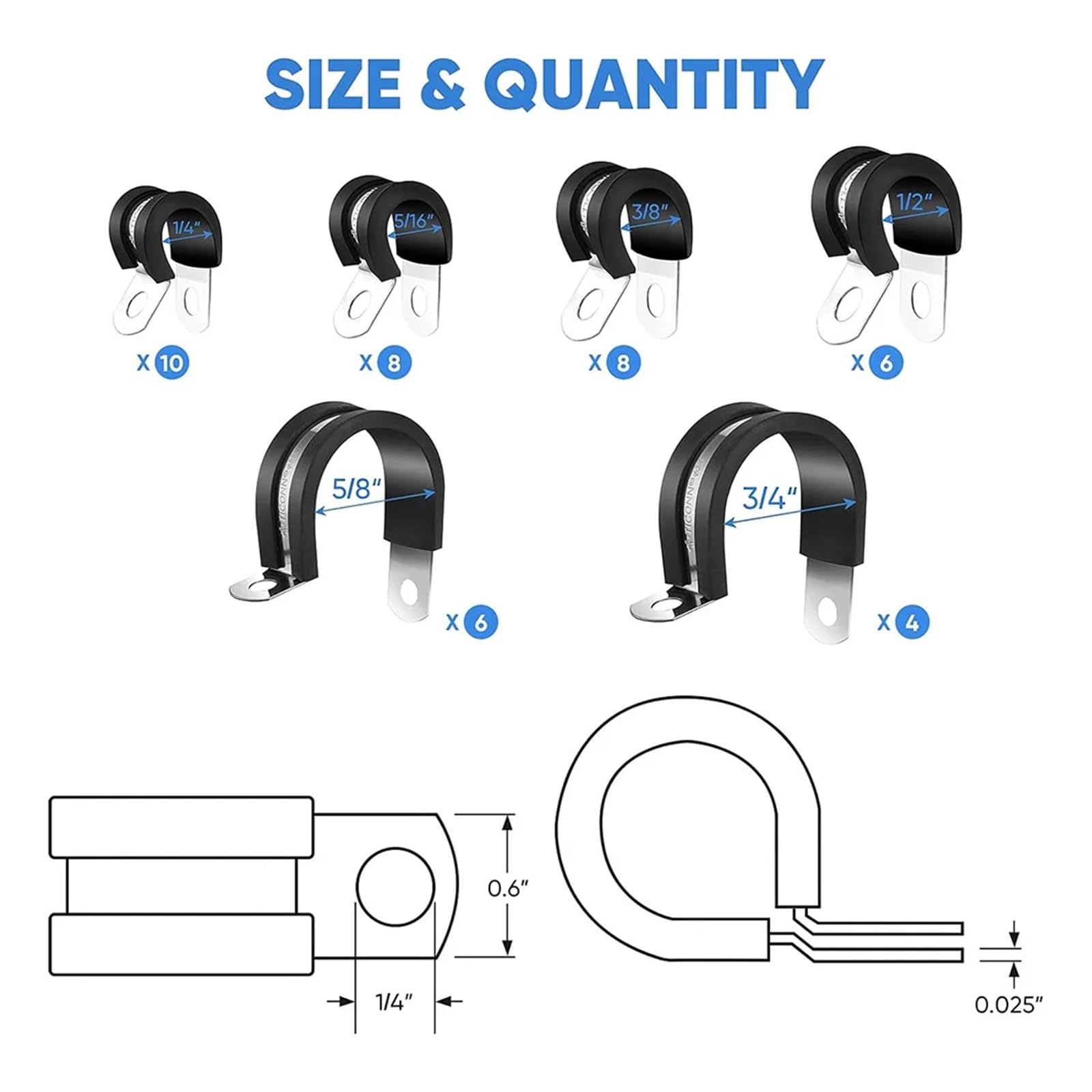 Set di 42 morsetti per cavi, in acciaio inox 304 con cuscinetti in gomma, in 6 misure (1/4", 5/16", 3/8", 1/2", 5/8", 1/2", 5/8"