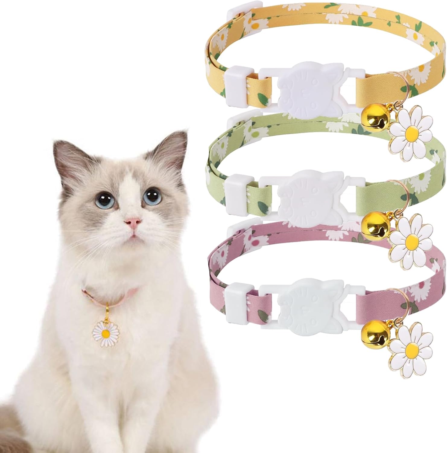 3 Pcs Cat Collar With Bell, Cat Collars, Cat Collars Quick Release, Kitten Collar, Adjustable Cat Collar With Chrysanthemum Pattern Pet Collar For Cat, Puppies, Small Pet(Yellow+Pink+Light Green) 3 Pcs Cat Collar With Bell, Cat Collars, Cat Collars Quick Release, Kitten Collar, Adjustable Cat Collar With Chrysanthemum Pattern Pet Collar For Cat, Puppies, Small Pet(Yellow+Pink+Light Green)
