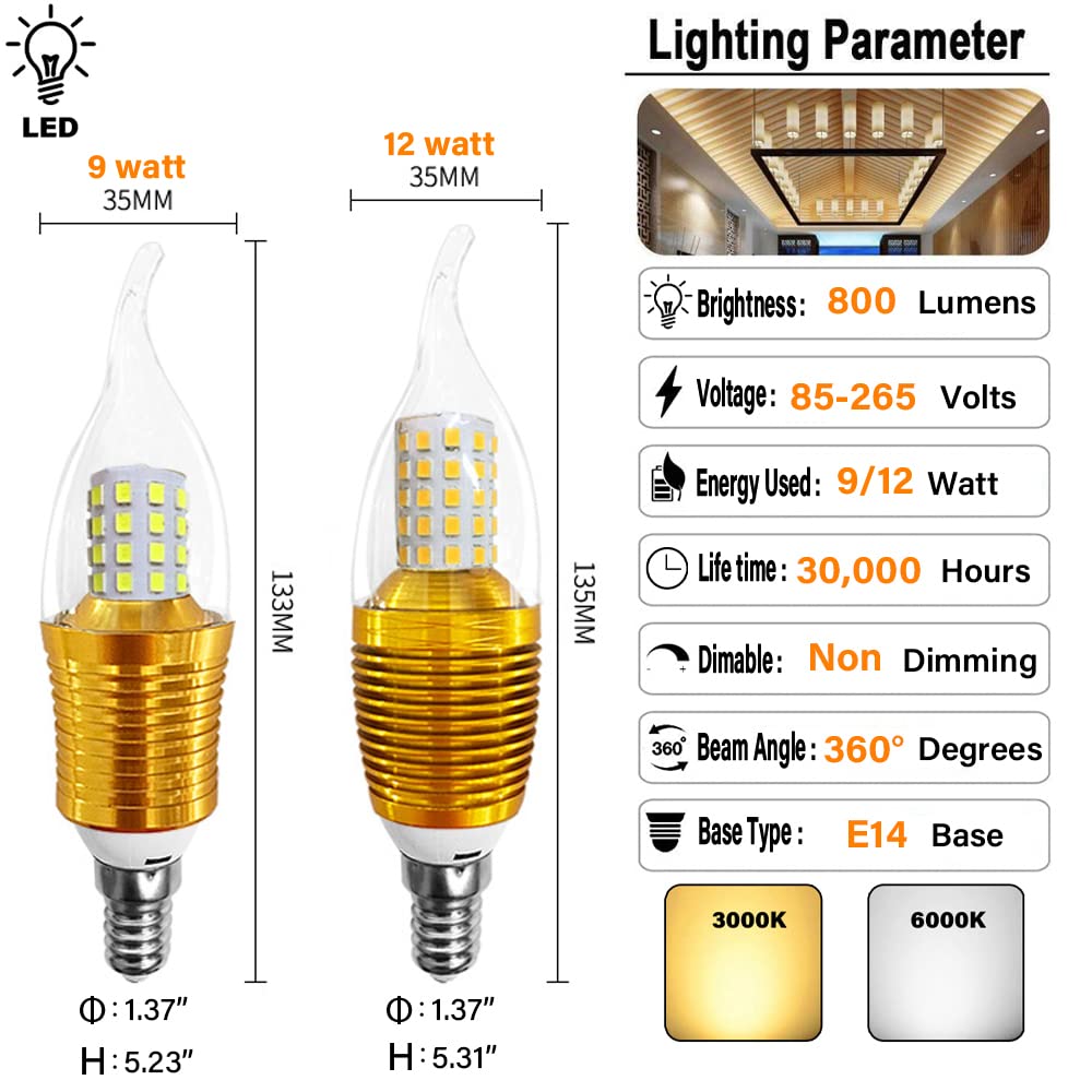 LED-Birnen, Maisglühbirne mit E14-Sockel, LED-Kerzenlampe, 9 W, 12 W, 800 lm, 120 Watt-Äquivalent, 3000 K, 6000 K, Nicht dimmbar, AC 85 V ~ 265 V (10er-Pack)