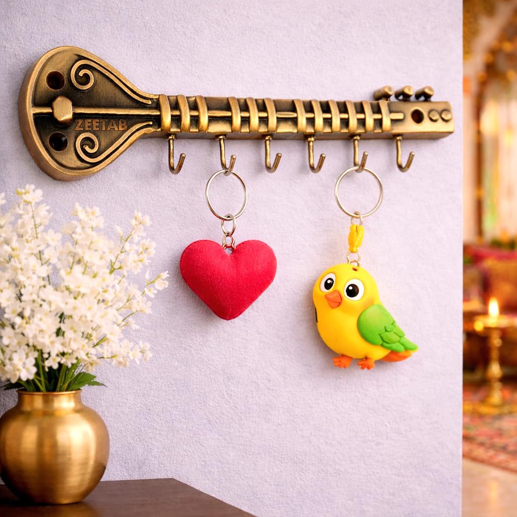 Sitar Key Holder with 6 Hook | Veena Royal Art Brass Key Stand & Guitar Wall Mount Hanger for Music Lover | Antique Home Decor Gift (20x6cm)