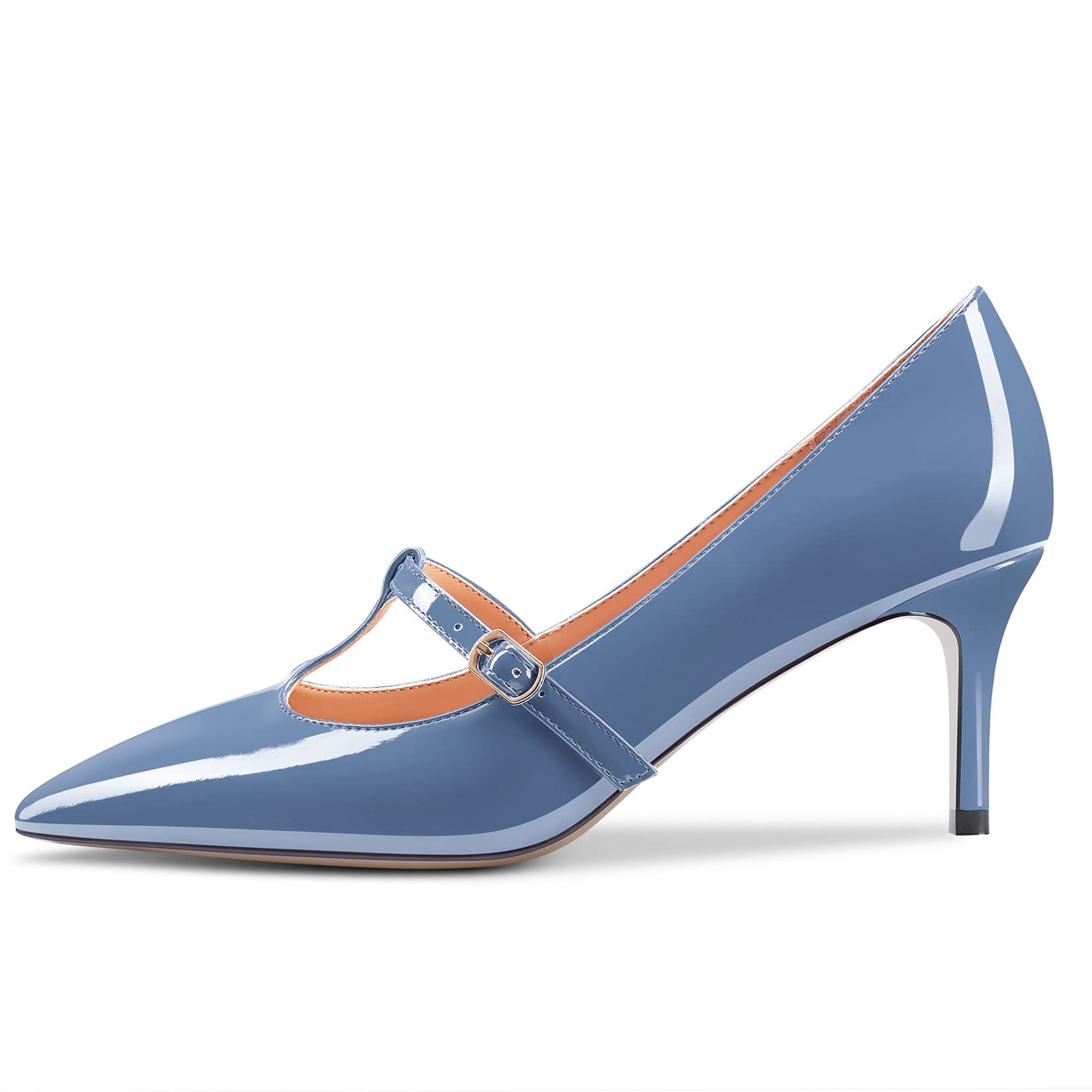Aachcol Mujer Aguja Medio Bajos Heel Pumps T-Strap Slip-on Puntiaguada Punta Dress Zapatos Oficina Fiesta de Boda Charol 6.5 CM