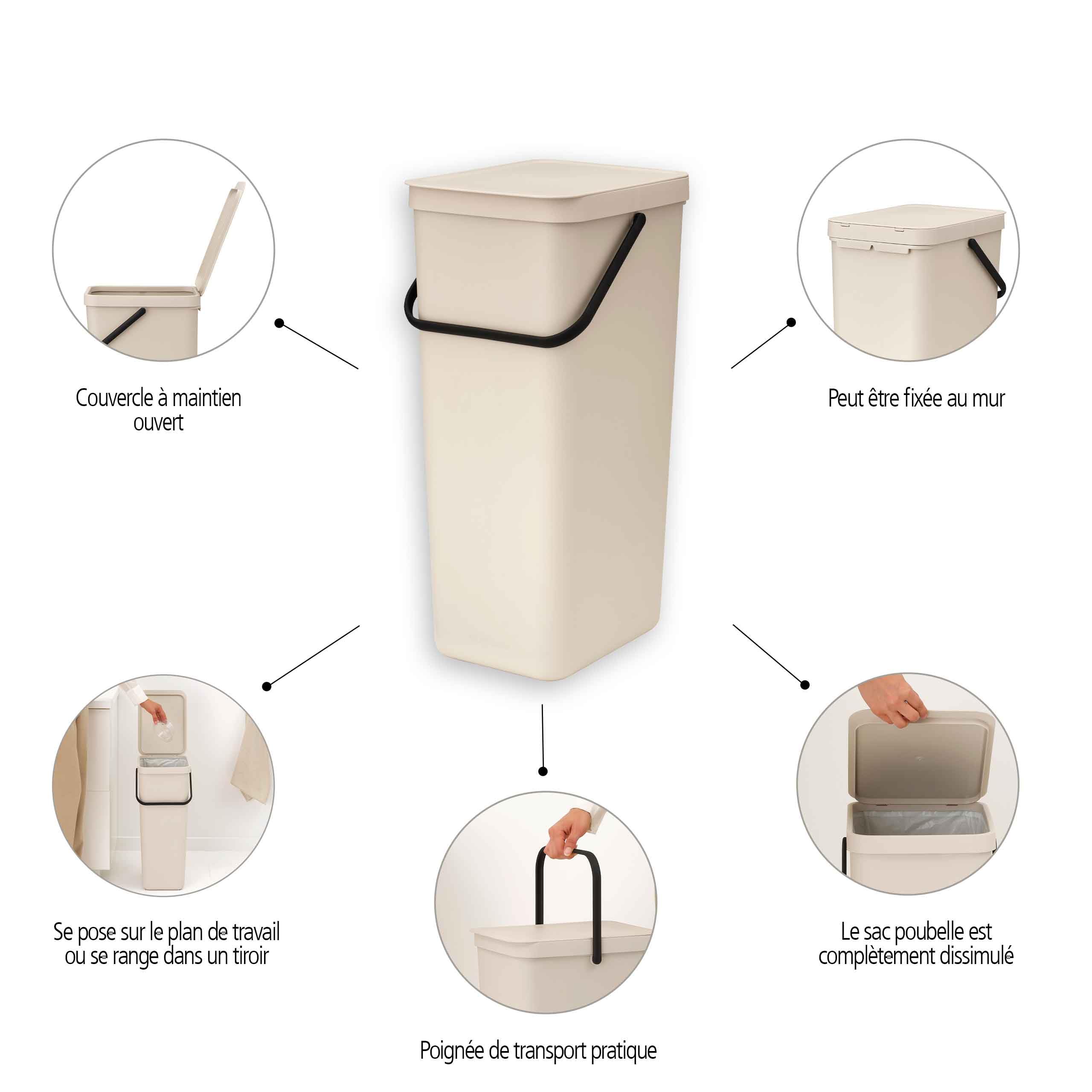 Brabantia Poubelle Sort & Go 40L (Beige clair) – Système de tri des déchets avec poignée de transport, couvercle amovible et à ouverture permanente – Poubelle cuisine à nettoyage facile sans rebords