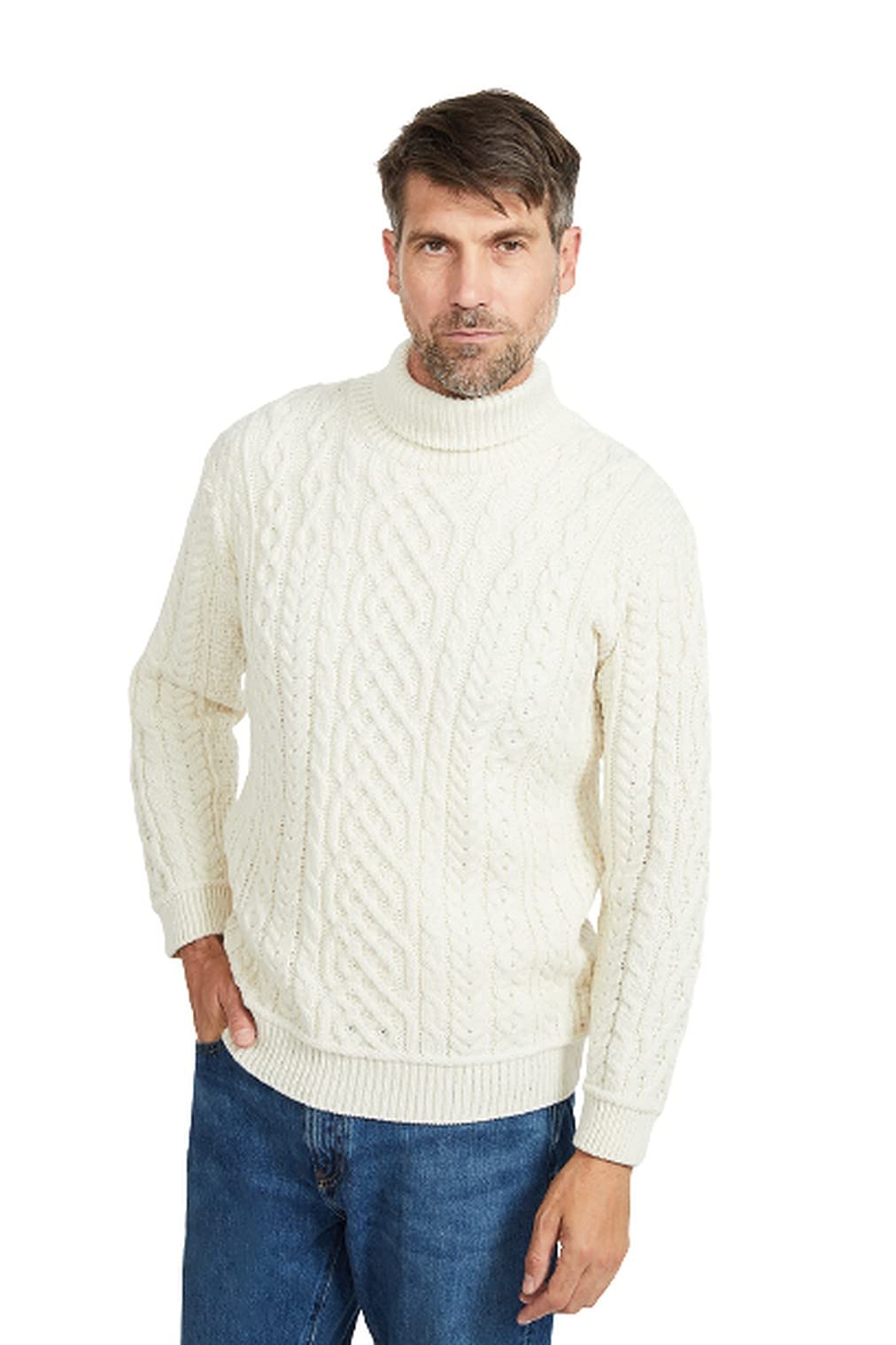 Aran Irish Sweater for Men's High Neck 100% Supersoft Merino Wool Cable Knitted Pullover Made in Ireland, Natural, XL