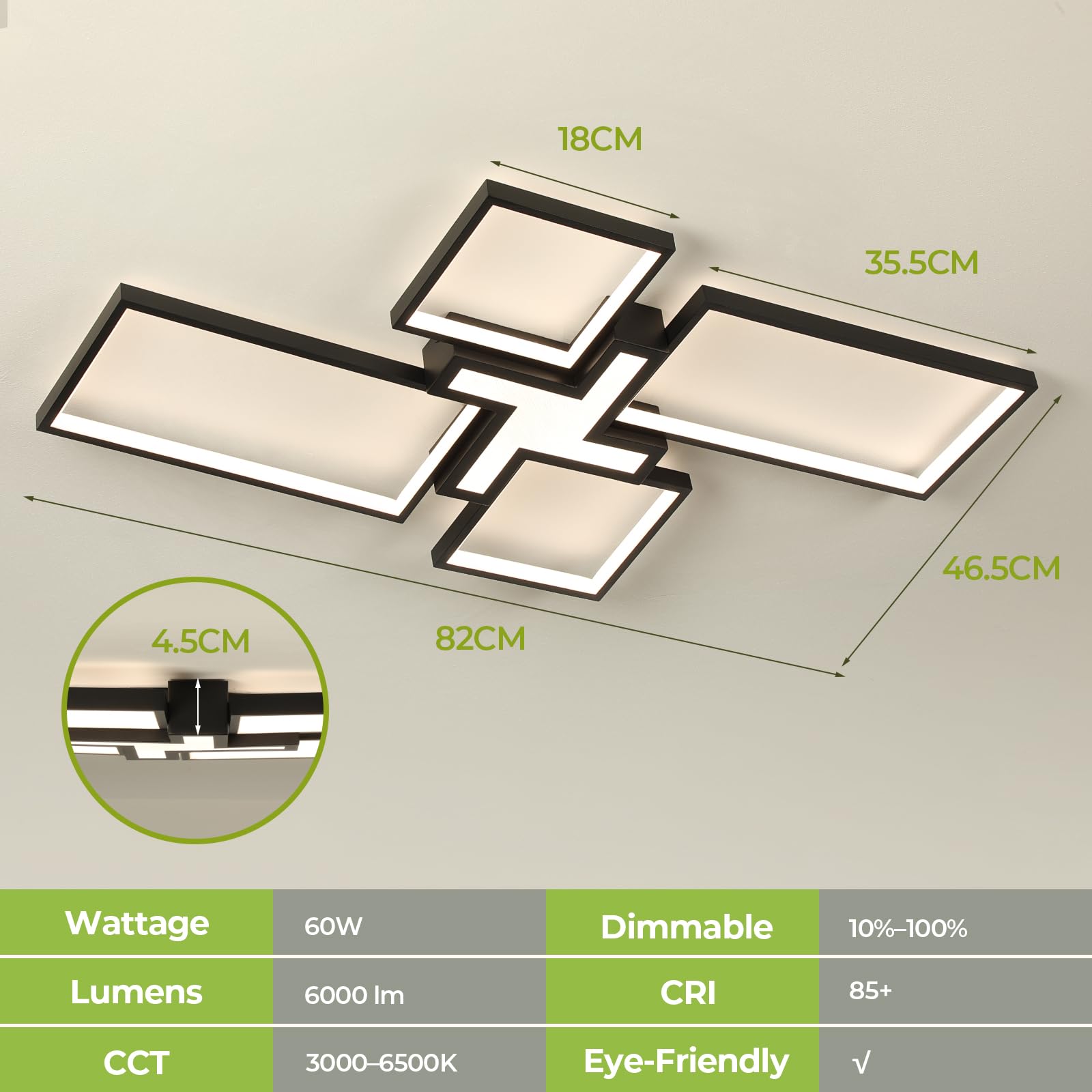 OTREN Lampa sufitowa LED z pilotem zdalnego sterowania, 82 cm 60 W, 3000 K–6500K, lampka nocna, timer, funkcja pamięci, nowoczesna lampa do salonu, sypialni, kuchni, czarna