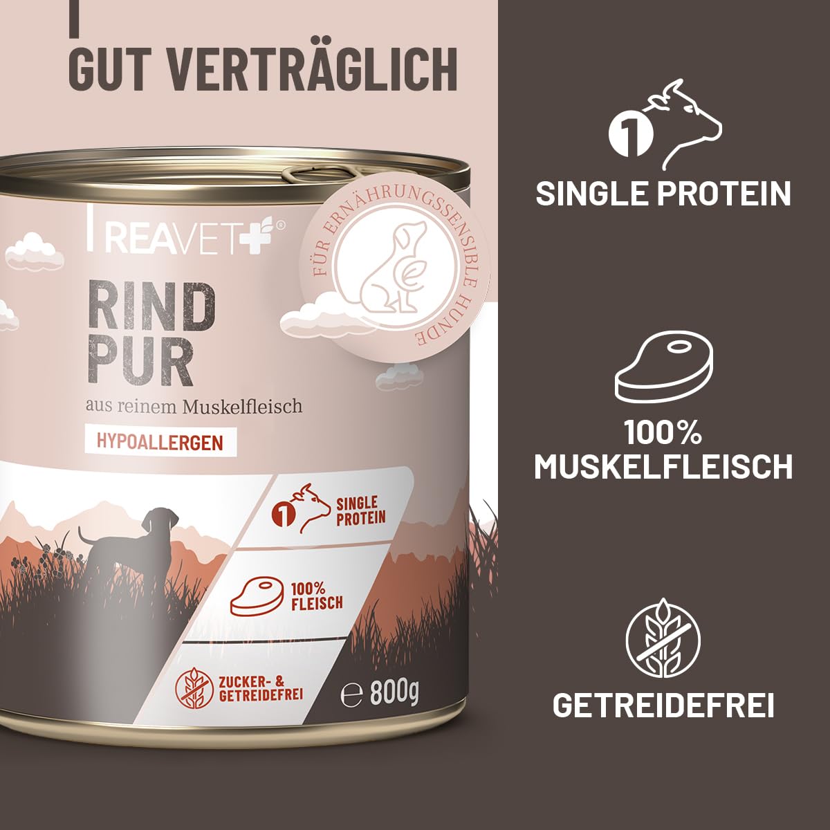 ReaVET Premium Hunde Nassfutter - Rind PUR 6 x 800g I Reines Muskelfleisch, Hypoallergen, ohne Getreide & Zusätze, Hundenassfutter sensitiv für Allergiker