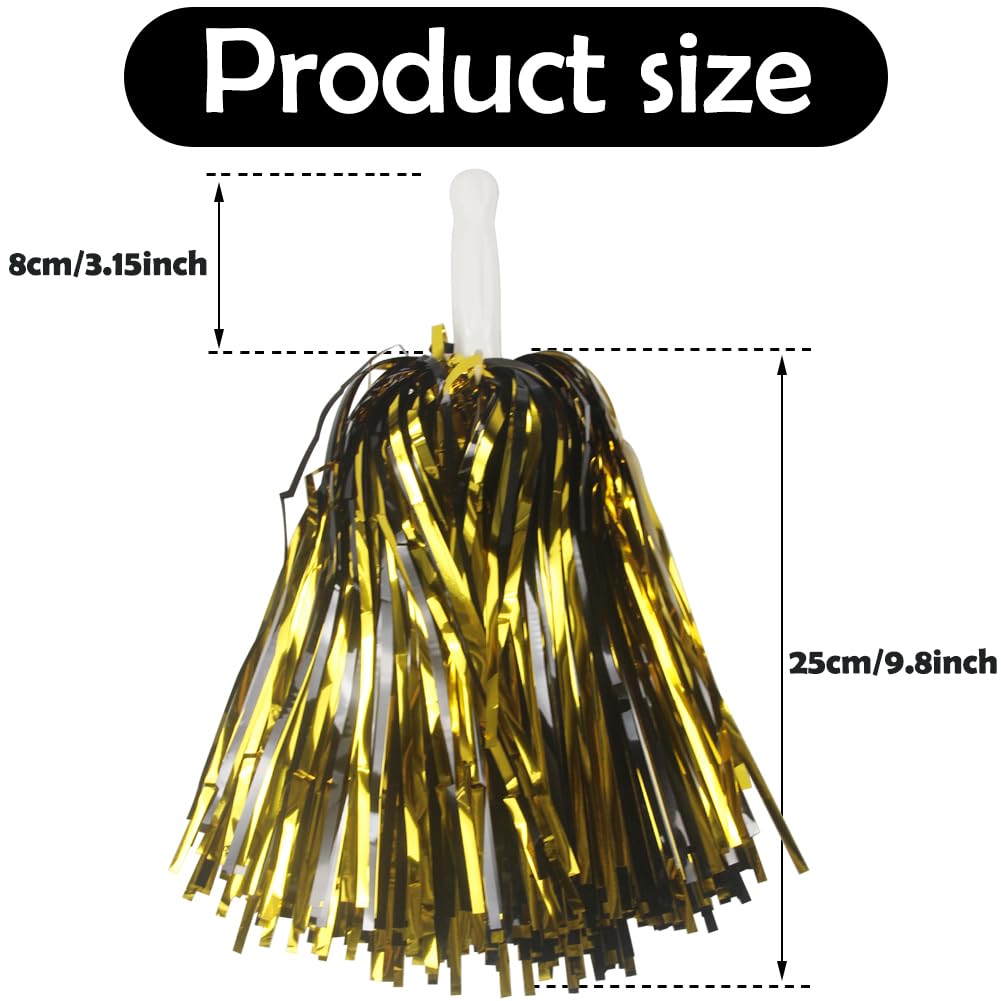 Hooshing 24 pompon in lamina metallica nera e oro con manici in plastica, per festival, tifo squadra, spirito, feste sportive