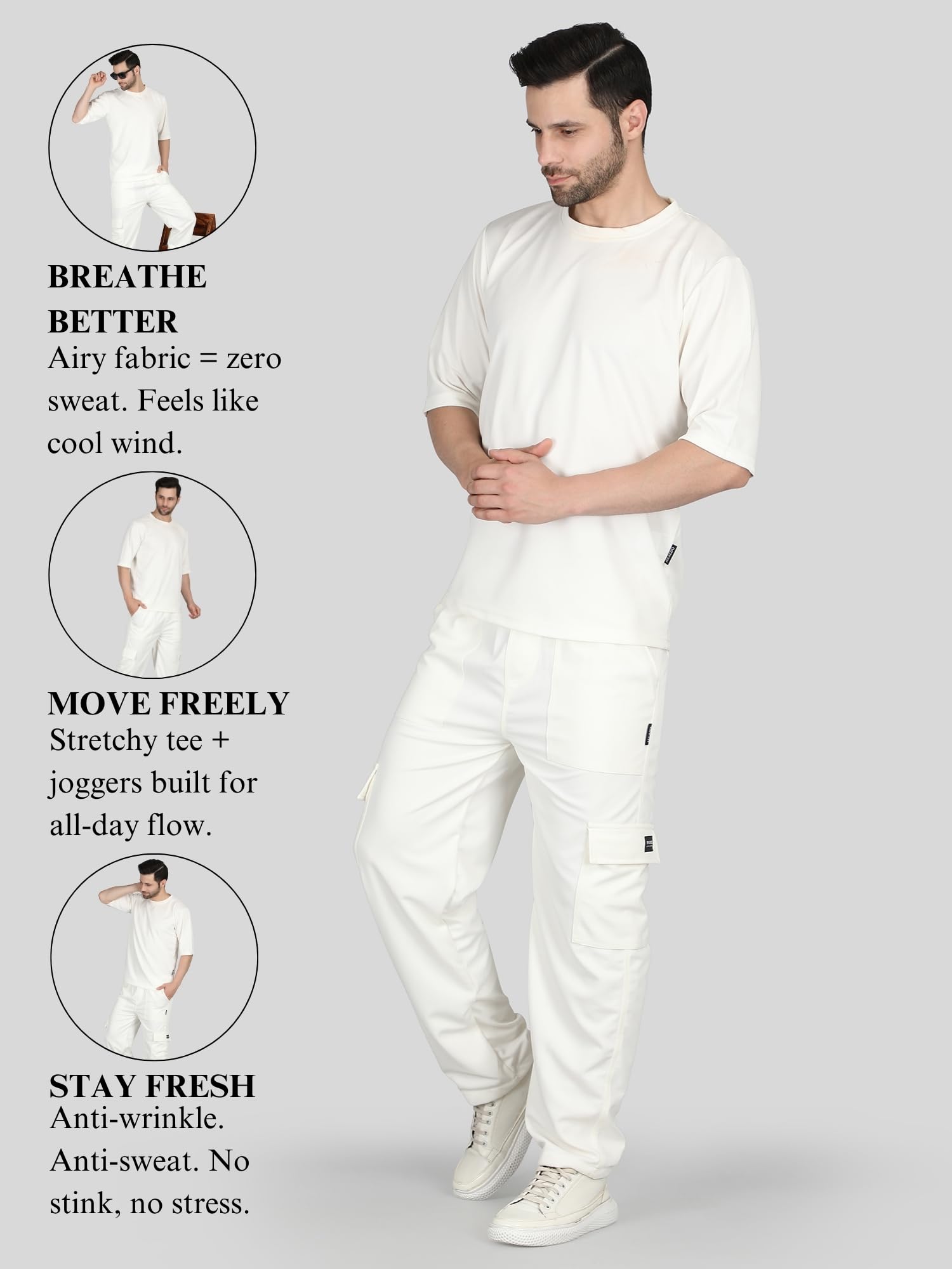 RAXEDO Men's Cargo Co-Ord Set | Men Co Ord Set | Track Suit for Men Summer β Stylish, Breathable & Comfortable Outfit for Casual, Travel & Everyday Wear (IN, Alpha, S, Off-White)