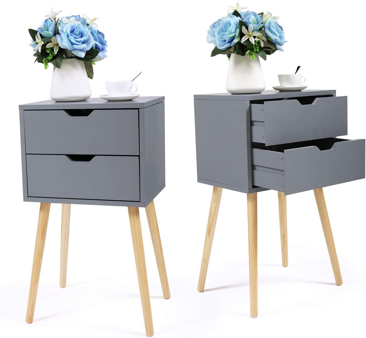 Set of 2 Nightstand End Table, Mid-Century Bedroom Furniture, Storage Wood Cabinet Accent Side Table w/ 2 Drawers, Grey