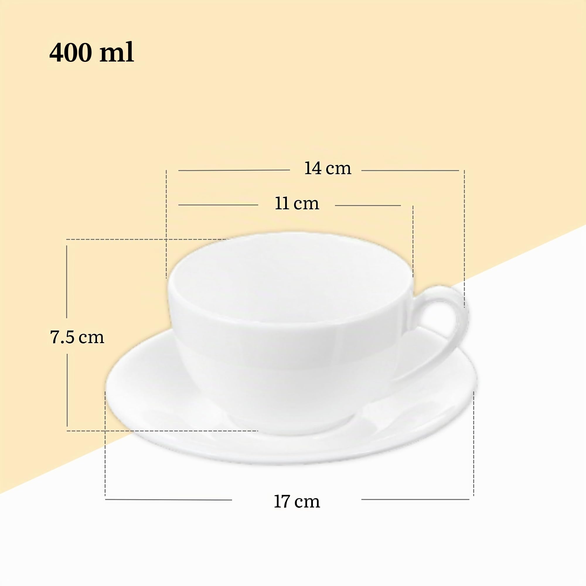 Wilmax - Tazze con piattini - Set da 6-400 ml - porcellana - Bianco - Servizio da tavola per 6 persone - per caffè, tè, dessert e tisane