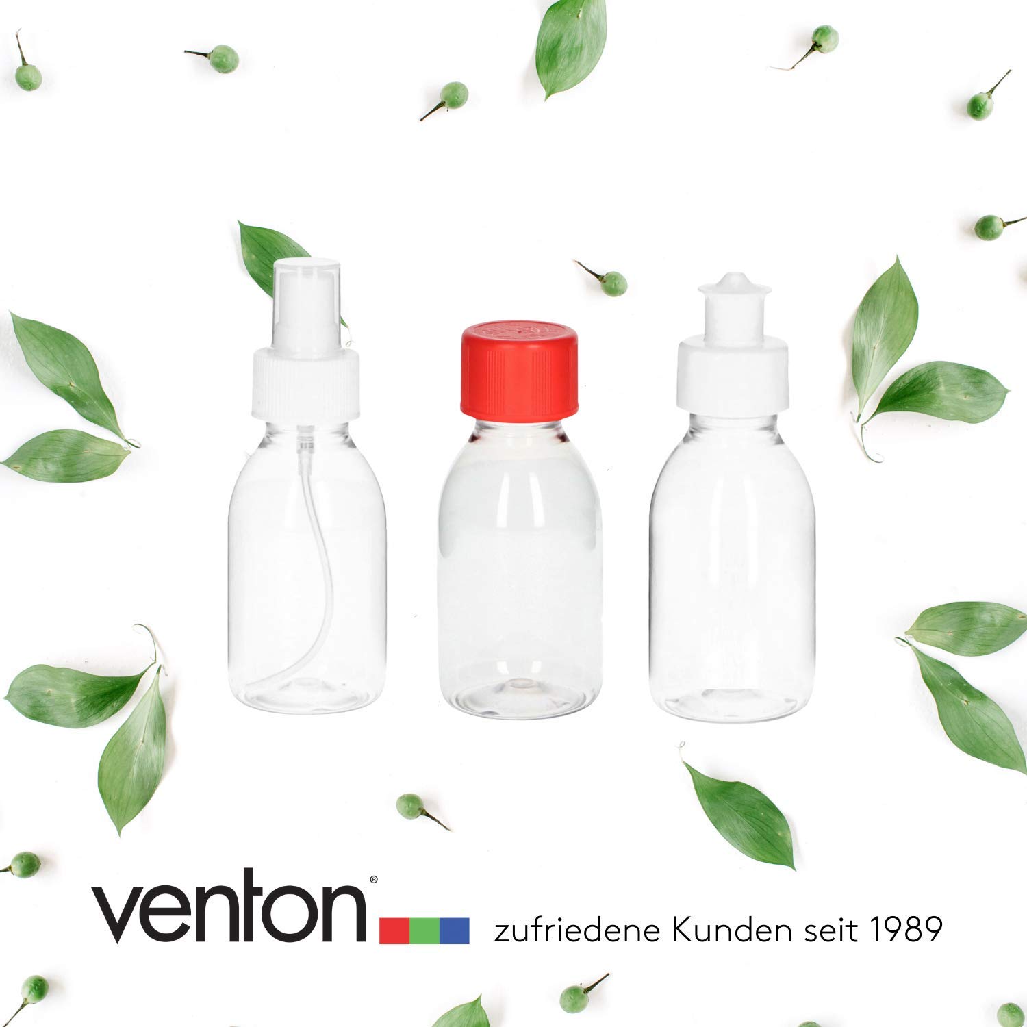VENTON Juego de 6 botellas de plástico vacías para rellenar, 100 ml, botellas de plástico transparentes con tapa push-pull, recipiente de viaje, botellas de relleno, pequeños frascos vacíos de 100 ml