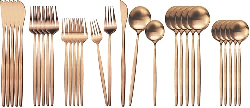 JASHII Juego de cubiertos de acero inoxidable con acabado satinado para 6, 30 cucharas y tenedores, apto para lavavajillas (oro rosa mate)