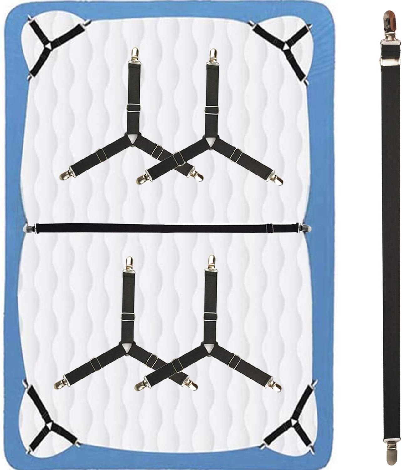 Bed Sheet Holder Straps, 4+1 PCS, Triangle Adjustable Elastic Fitted Sheet Clips, 3 Way Sheets Corner Straps Grippers Fasteners Suspenders Heavy Duty for Bedding Sheets, Mattress Covers, Sofa Cushion: Home & Kitchen