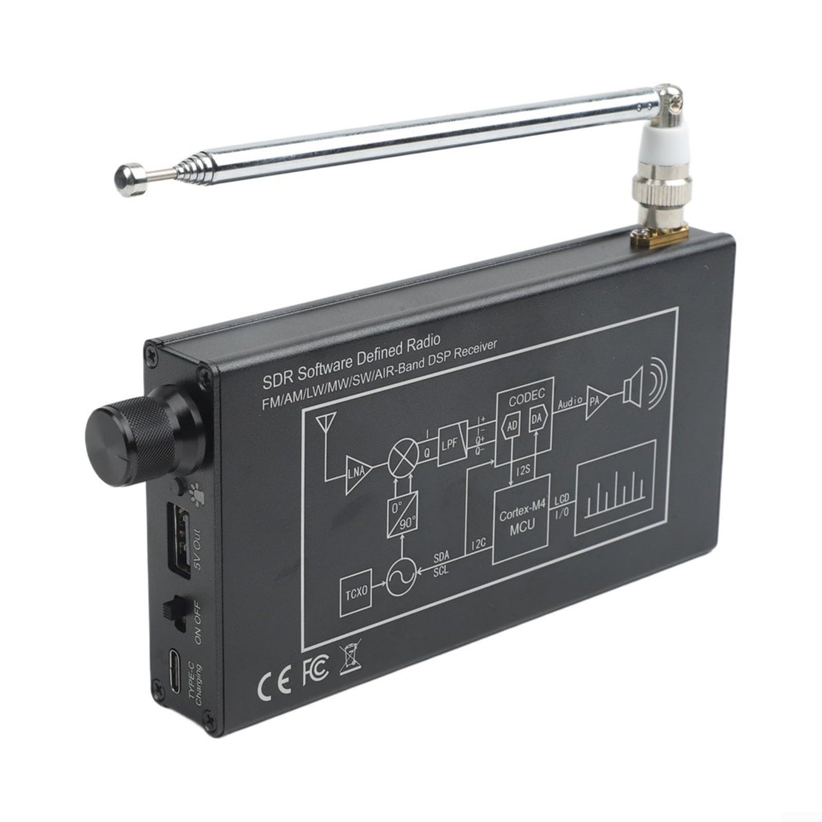 Récepteur radio à ondes courtes Full Band pour dsp Digital Demodulation écran 4,3" pour amateur Ham Aviation Monitoring (Noir)