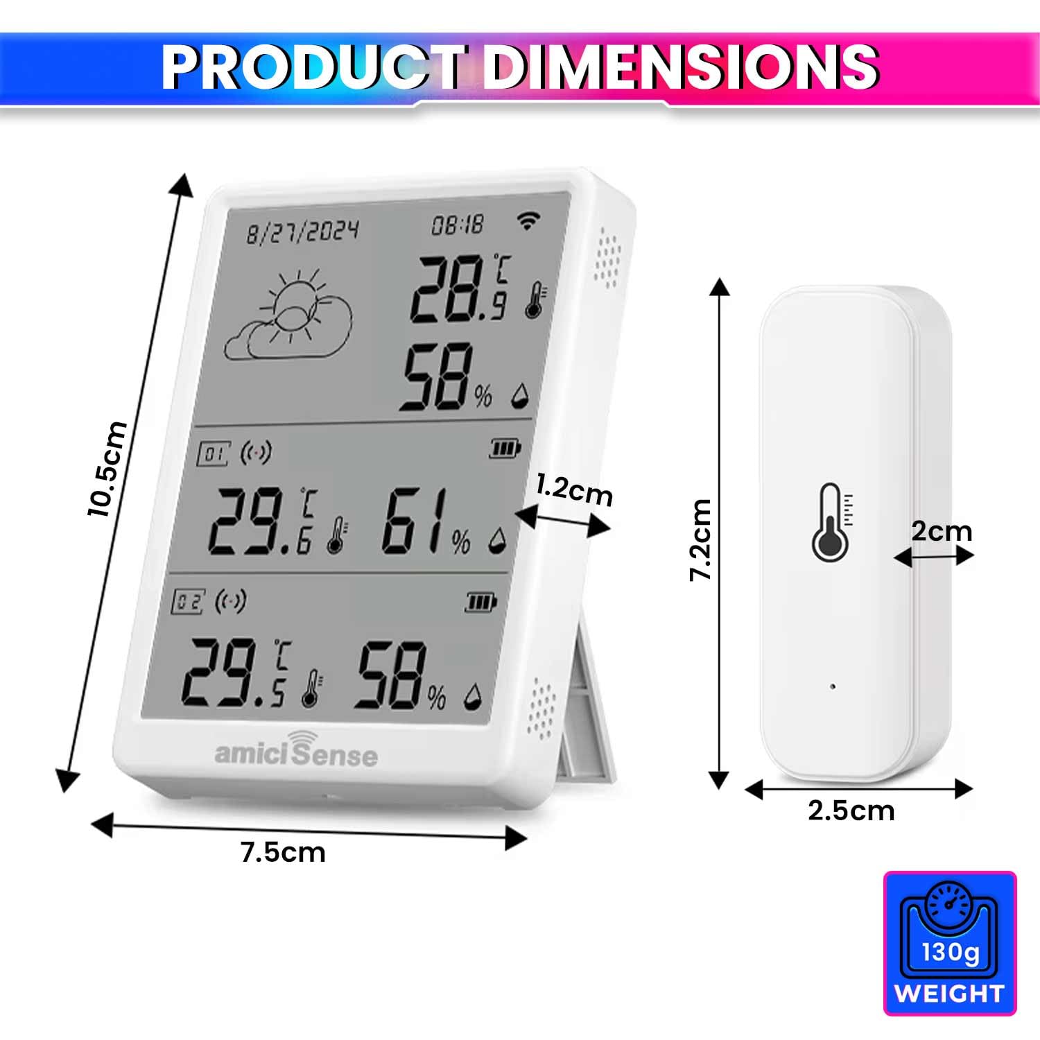 amiciSense Digital Weather Station, Indoor/Outdoor Temperature and Humidity Monitoring Device with Date & Time Display | Dual External Sensors and Data Export Feature, Compatible with SmartLife App - Image 7 thumbnail