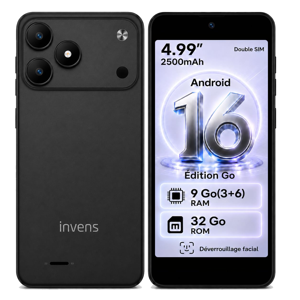 invens TK02 Téléphone Portable 4G Débloqué, Android 16 Go, 9 Go RAM, Noir | Écran compact 5 pouces, 32 Go extensible à 256 Go, double SIM, Face ID, batterie amovible 2500 mAh, USB-C & prise jack 3,5 mm