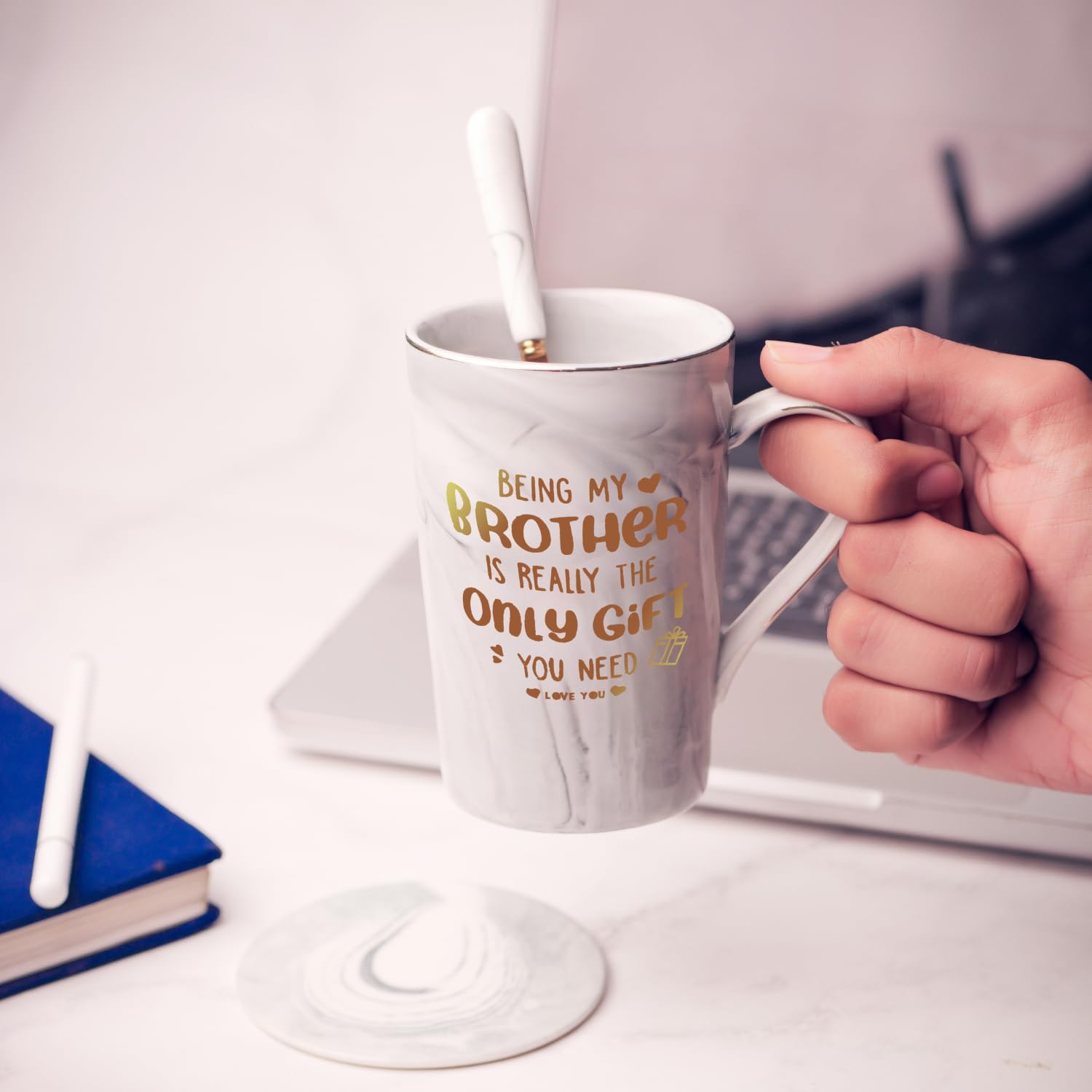 NYRWANA Coffee Mug, Birthday Gift for Man, Mugs for Present, Rakhi Gift for Brother, Cute Mugs, Ceramic Mug, Birthday Present for Men with Spoon, Box & Bag (400ml-Grey)