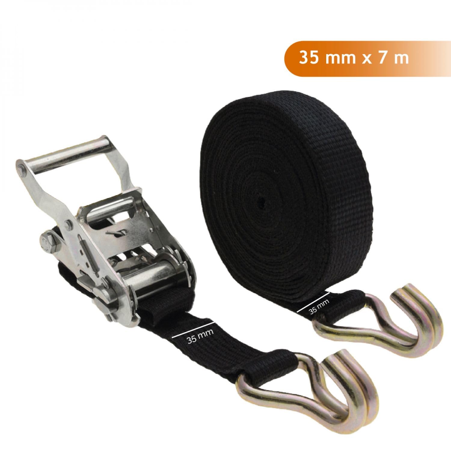 Linxor - Sangle d'arrimage avec tendeur à cliquet et 2 Crochets - 35 mm x 7 m - Noir