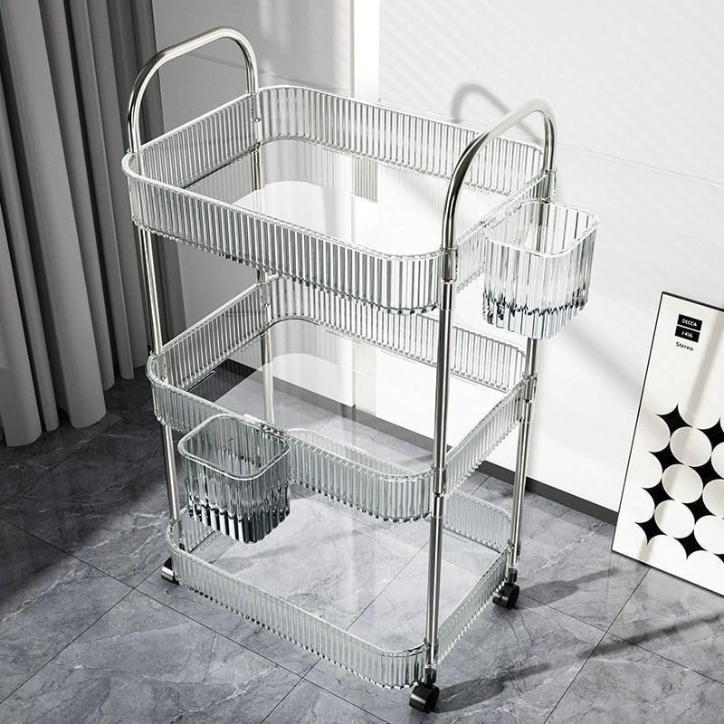 Uwenkjie 3-Layer Acrylic Stainless Steel Rolling Trolley with Handle Multifunctional Storage Box Suitable for Kitchens Bathrooms Laundry Rooms and Offices