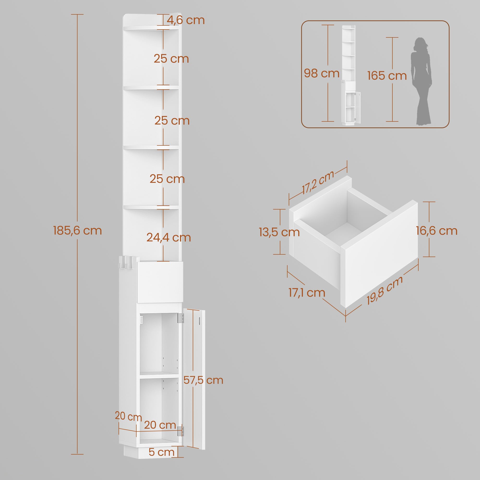 HEXCELEN Badezimmerschrank, Toilettenschrank, 20 x 20 x 185,6 cm Weiß