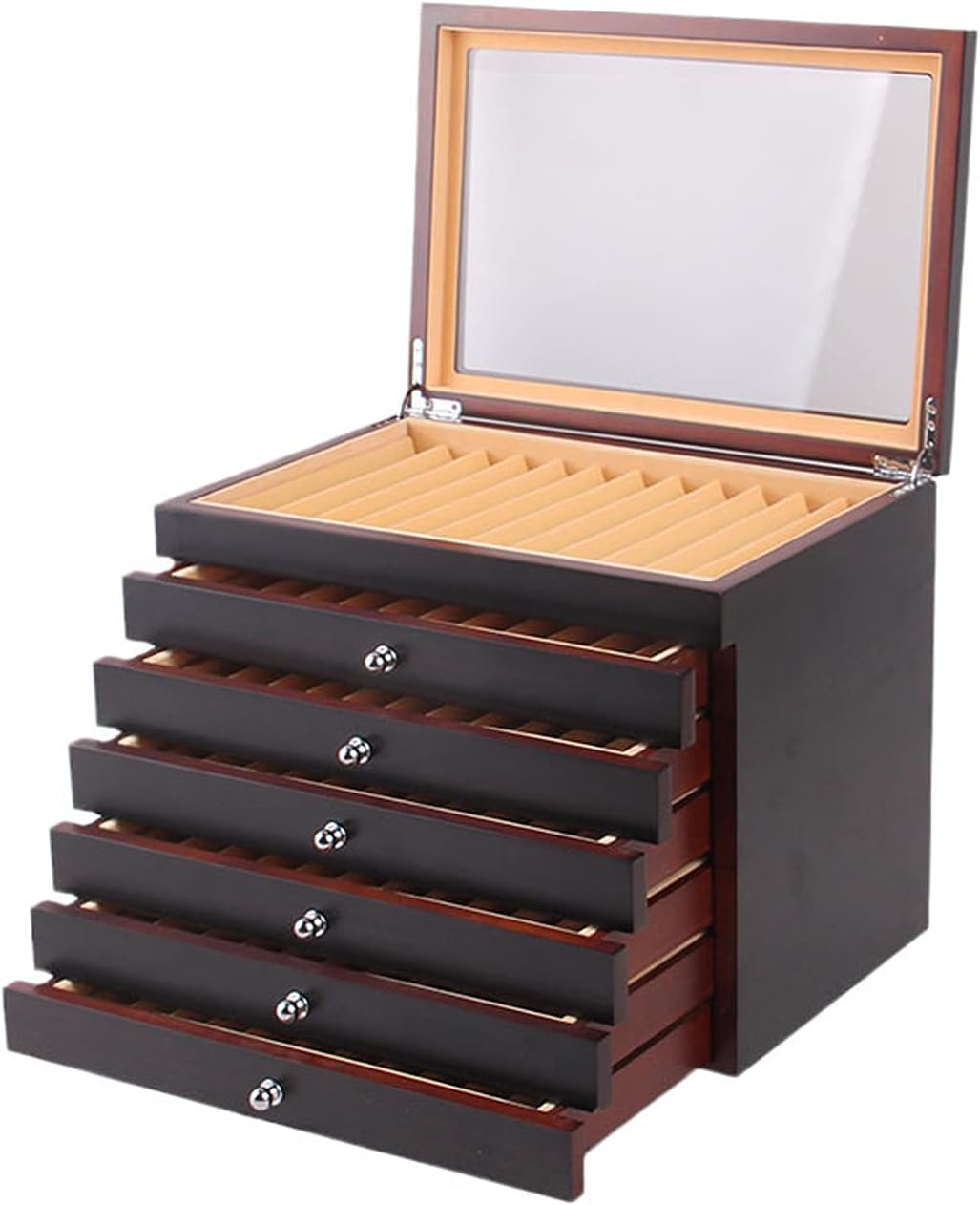 HXSD 78 Slots Fountain Pen Display Box Large Wood Collecting Storage Box Pen Organizer Case Cabinet 7 Layer Glass Window Lid Collector