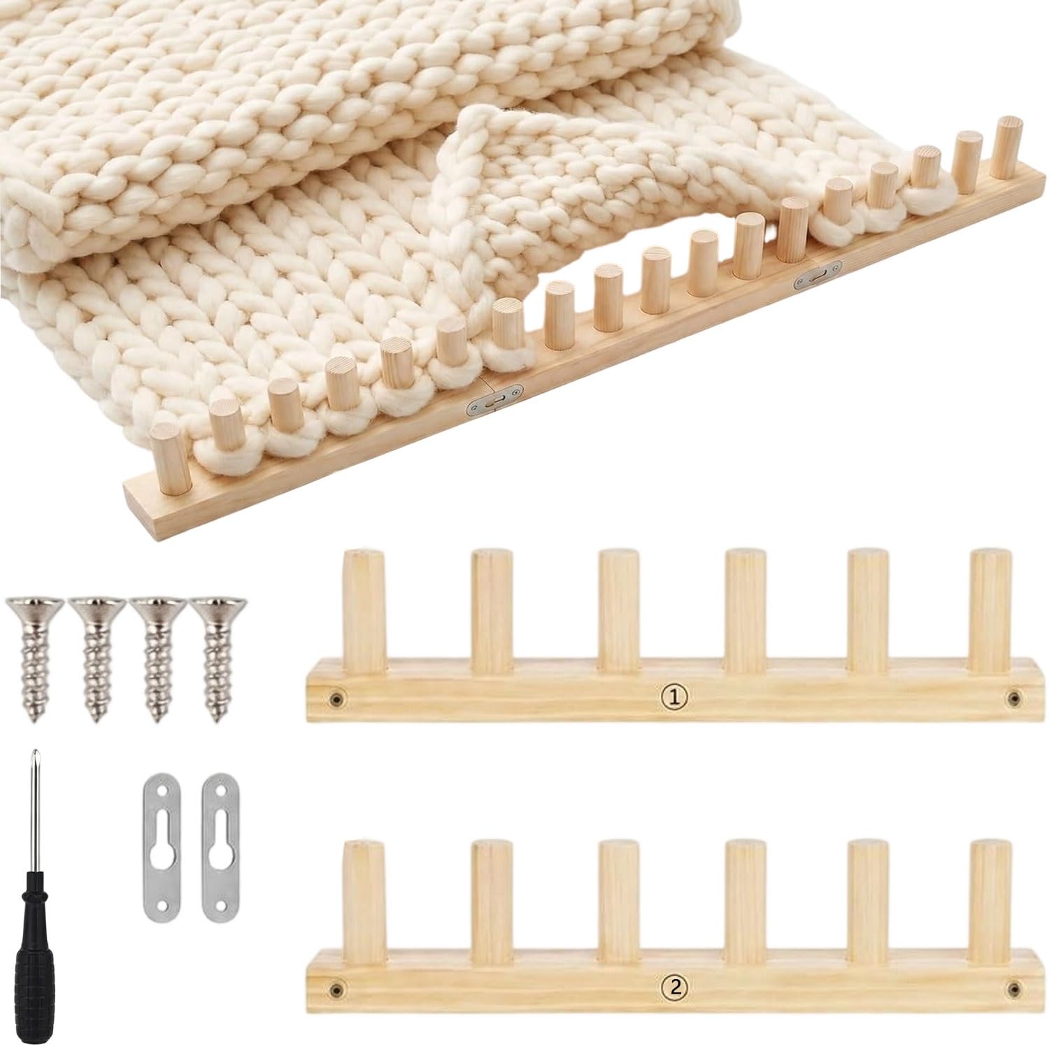 SDNAM Chunky Knitting Blanket Loom, 1/2/3PCS Thick Wooden Blanket Loom for Chunky Yarn, Chunky Blankets Loomss Adjustable Size Crochet Frame, Hand Knitting Tools for Thick Yarn(2pcs)