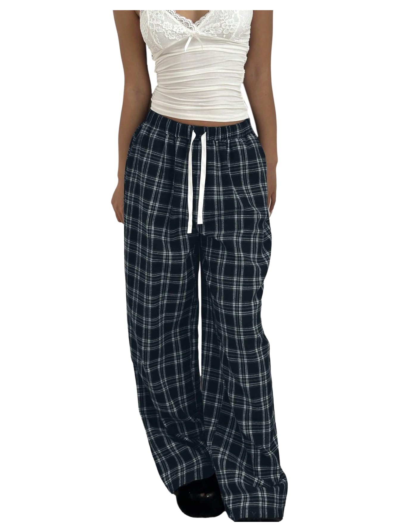 Verdusa Womens Gingham Plaid Wide Leg Pants Grunge Streetwear Casual Trousers with Pockets