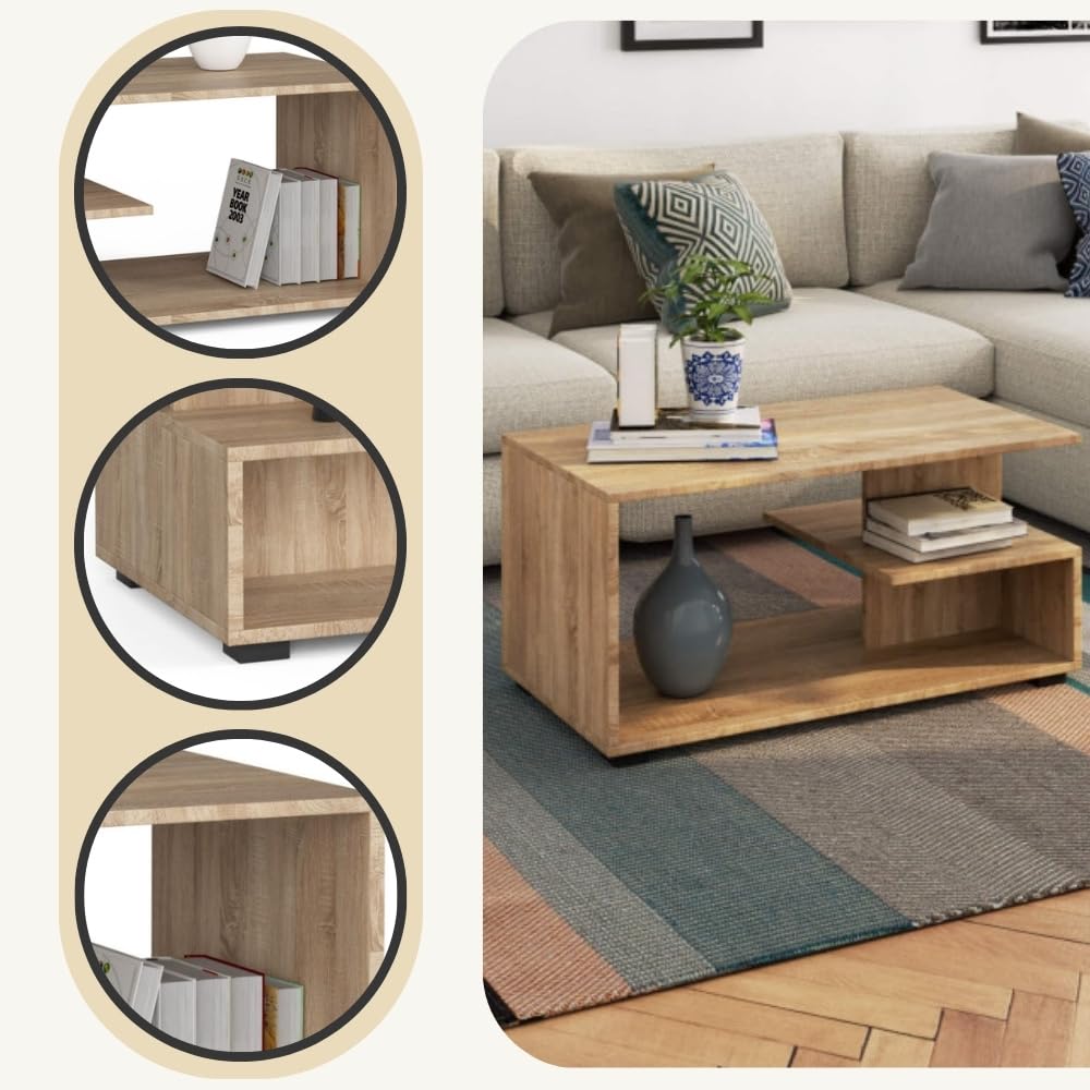 Mesa de café de madera | Mesa de centro moderna | Cómoda para la sala de estar | Decoración del hogar | Mesas de 3 niveles | Tablero laminado de aglomerado de 16 mm | 90 x 45 x 51 cm | Roble Sonoma