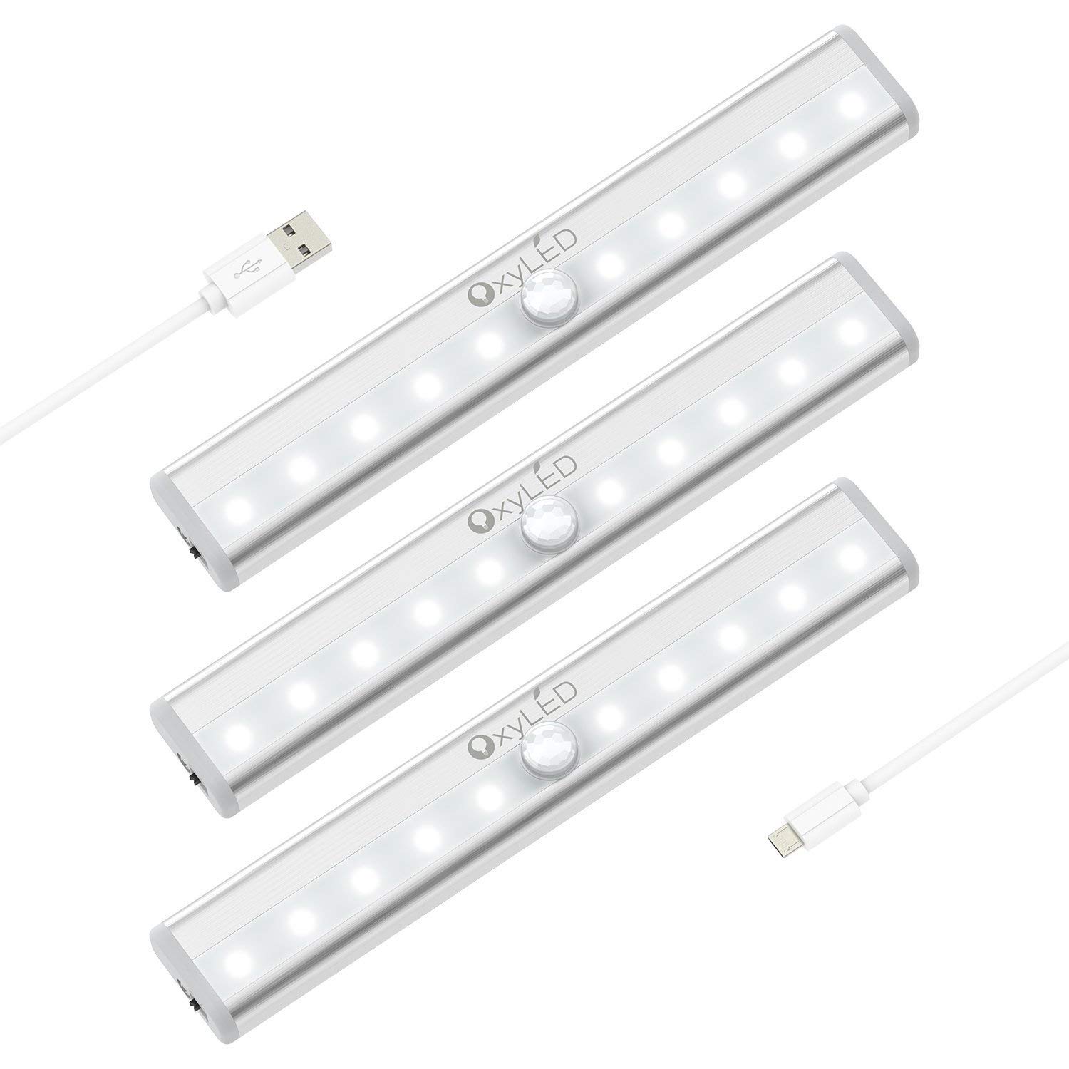 OxyLED Under Cabinet Lighting, USB Rechargeable Motion Sensor Closet Light, Wireless Magnetic Stick-on Cordless 10 LED Night Light Bar for Closet Cabinet Wardrobe Stairs, 3 Pack