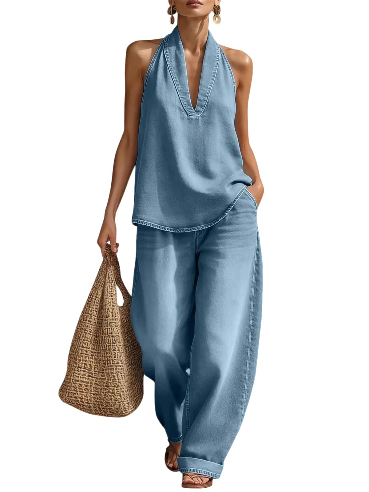 Women's 2 Piece Denim Outfits Minimalist Halter Neck Top and High Waisted Wide Leg Pant Casual Travel Matching Set