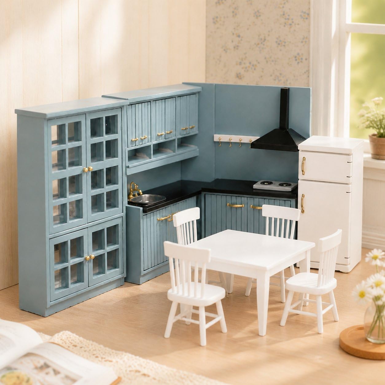 Mobilier Maison Poupée Cuisine 1:12 Bois, Ensemble Complet incluant Armoire