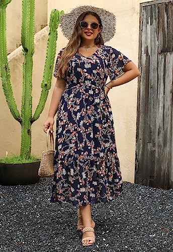 Image of Nemidor Plus Size Women Casual Maxi Dresses Print Bobo Belted Layered Chiffon Summer Long Dress with Ruffle Sleeve