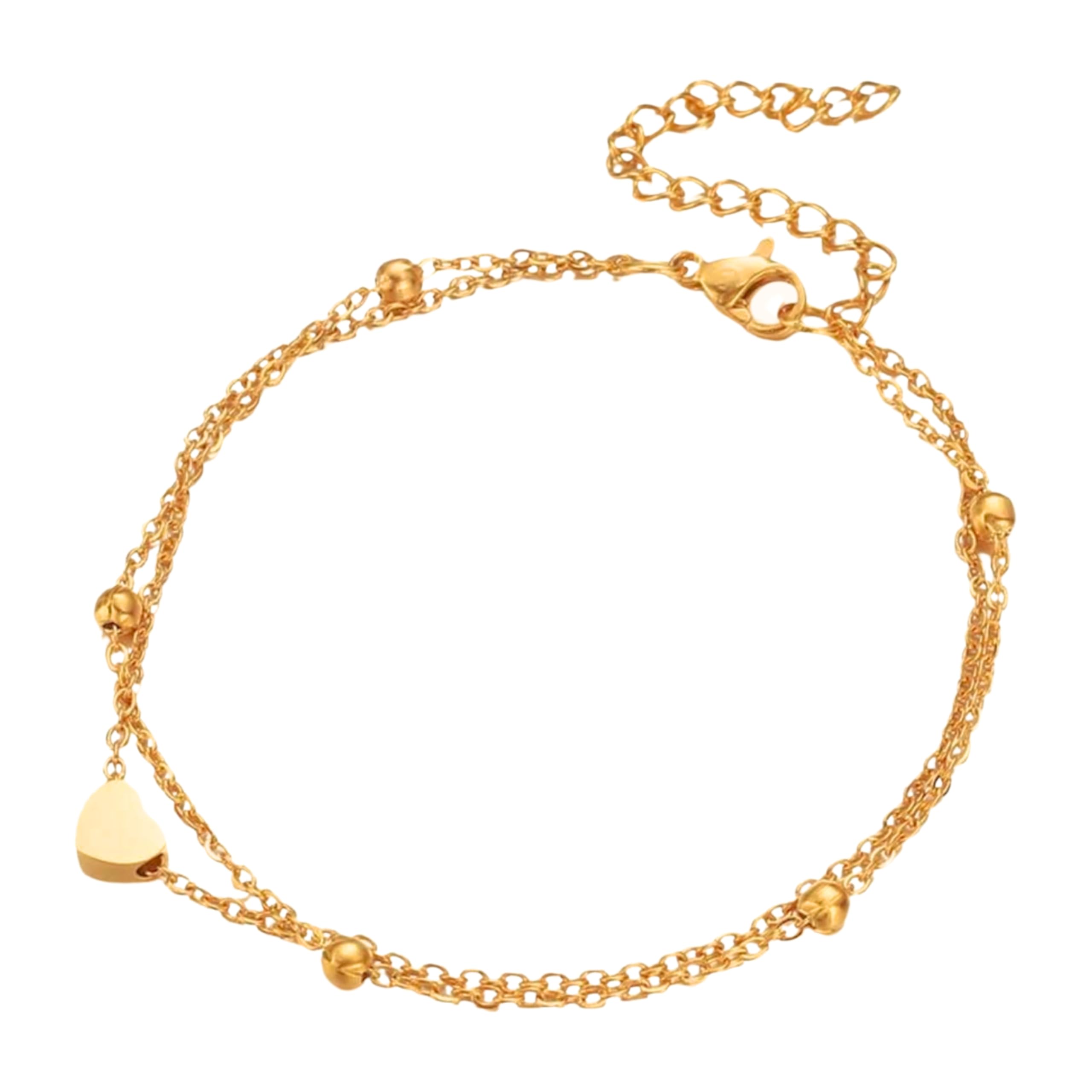 Gold Color Stainless Steel Anklet – Adjustable Double-Layer Beaded Chain Ankle Bracelet with Heart Charm for Women