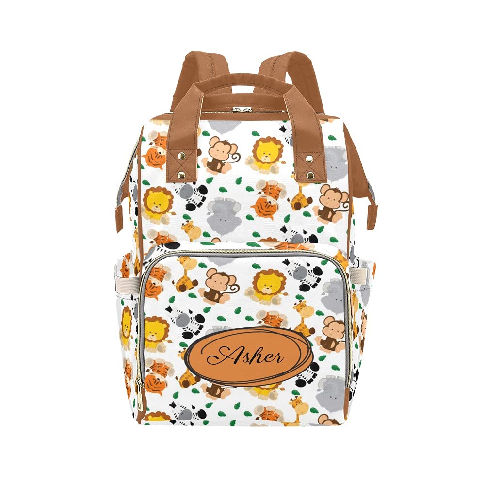 Personalized Baby Safari Animal Lion Tiger Zebra Diaper Backpack with Name Text Large Capacity Custom Multi-Function Bag Unisex Travel Backpack for Mom Dad Boy Girl
