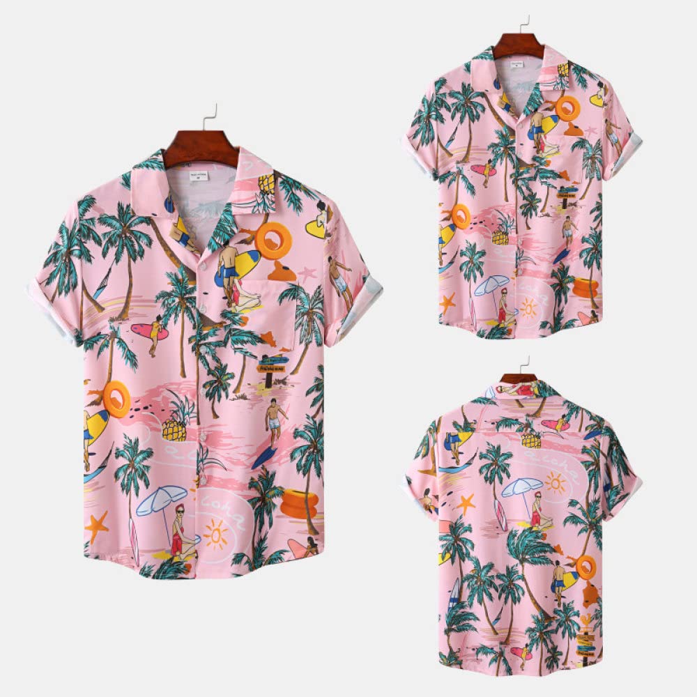 HGJH Hawaii Hemd, Funky Shirt Kokospalme Schwimmring Print Hawaiihemd Kubakragen Pink Kurzarmhemd Button Down Front Top Weiches Herren Strandhemd Für Herren