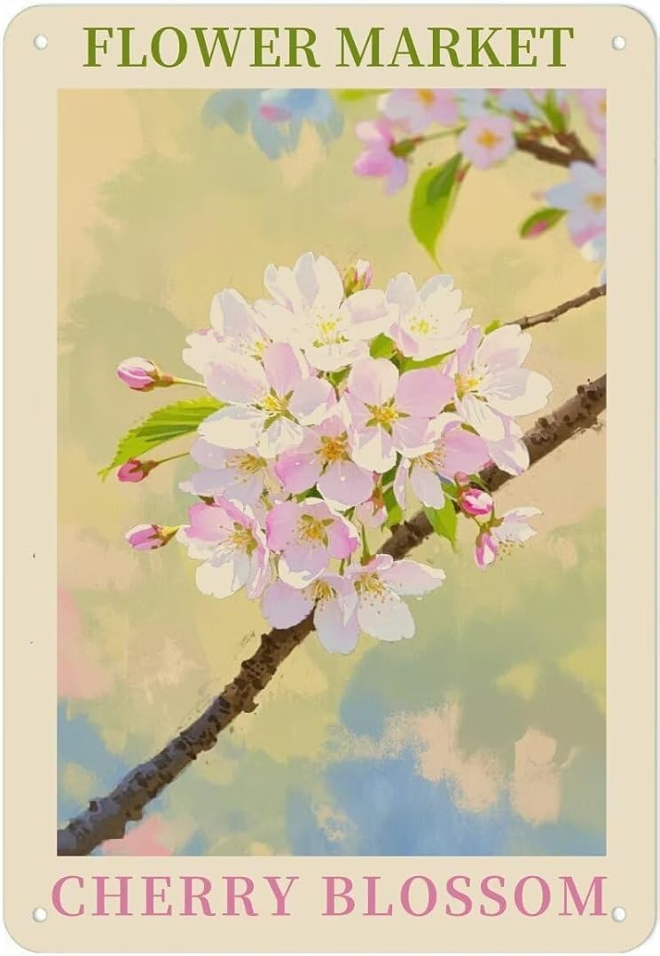 Flower Market Cherry Blossom Rustic Metal Tin Sign Kitchen Vintage Signs Cave Decor Wall Art Poster for Farmhouse Garden Bar Club 8x12 Inch