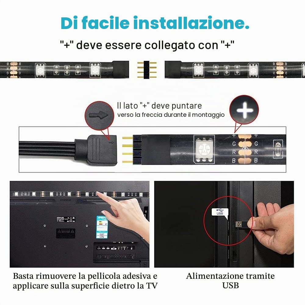 Lixada 8 strisce LED USB da 50 cm, set di luci flessibili con mini telecomando, per TV, computer, retroilluminazione
