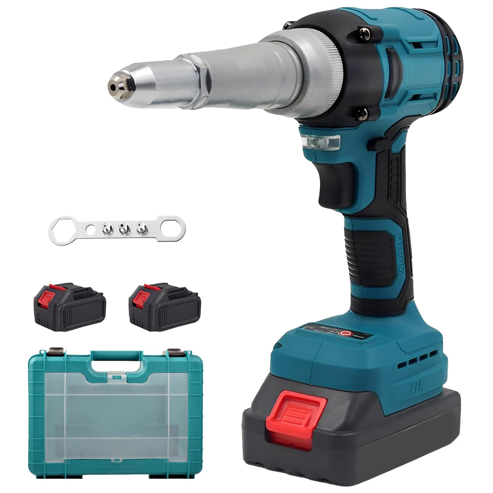 Remachadora Batería 21V, Remachadora Eléctrica Automática Brushless 20.000N con 2 Baterías 1300mAh para Remaches 2,4-5,0mm, para Reparación de Automóviles y Bricolaje