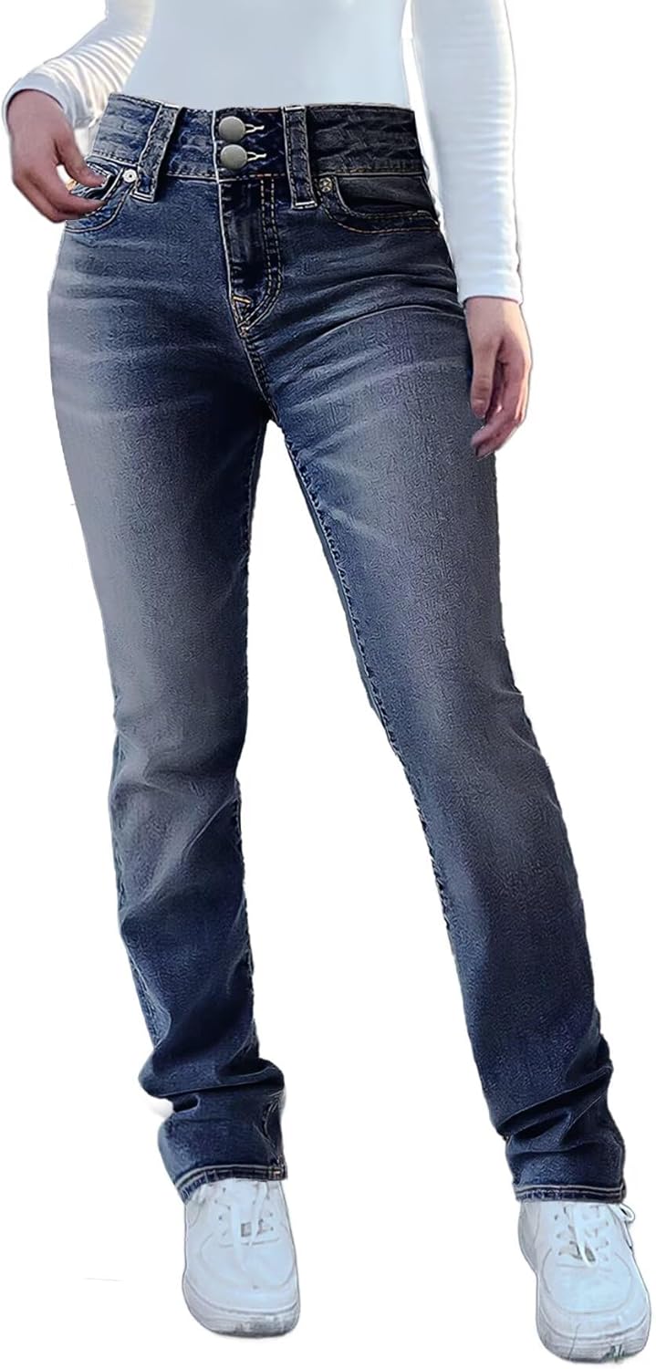 Flamingals Bootcut Jeans for Women Stretchy Mid Rise Double Button Wash Solid 90s Straight Leg Jeans