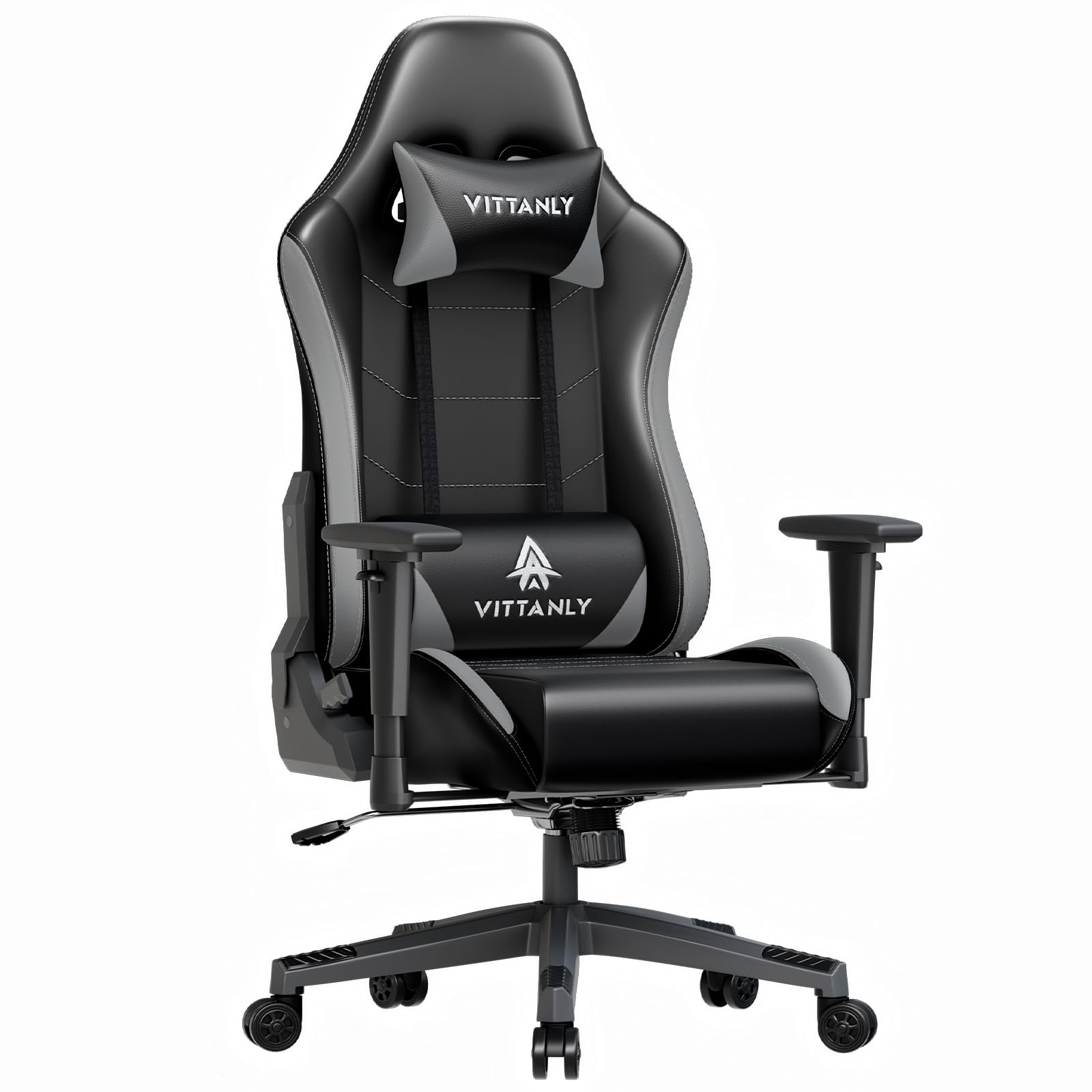 Vittanly Gaming Stuhl, 90-165° Rückenlehne, Tragkraft 150 kg, Grau | Kopfstütze und Lendenkissen, Gaming Chair, Gamer Stuhl, Gaming Sessel, Bürostuh, Schreibtischstuhl