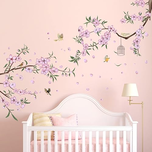 2 hojas de calcomanías de pared de flor de durazno rosa, ramas de cerezo, calcomanías de pared extraíbles para niños, niñas, dormitorio, sala de