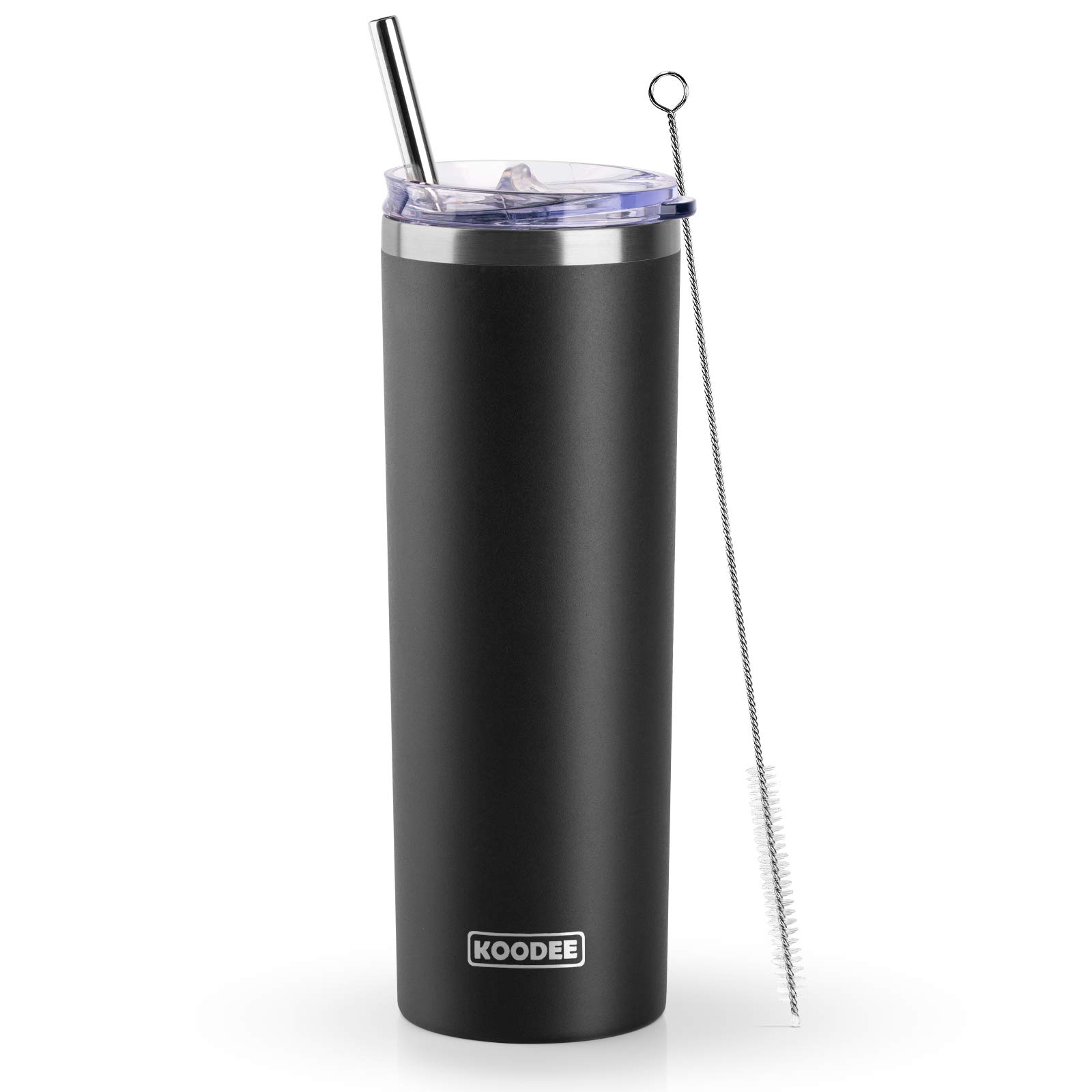 koodee 20 oz Stainless Steel Skinny Tumbler Double Wall Insulated Slim Water Tumbler Cup with Lids, Straws and Straw Brushes (Black)