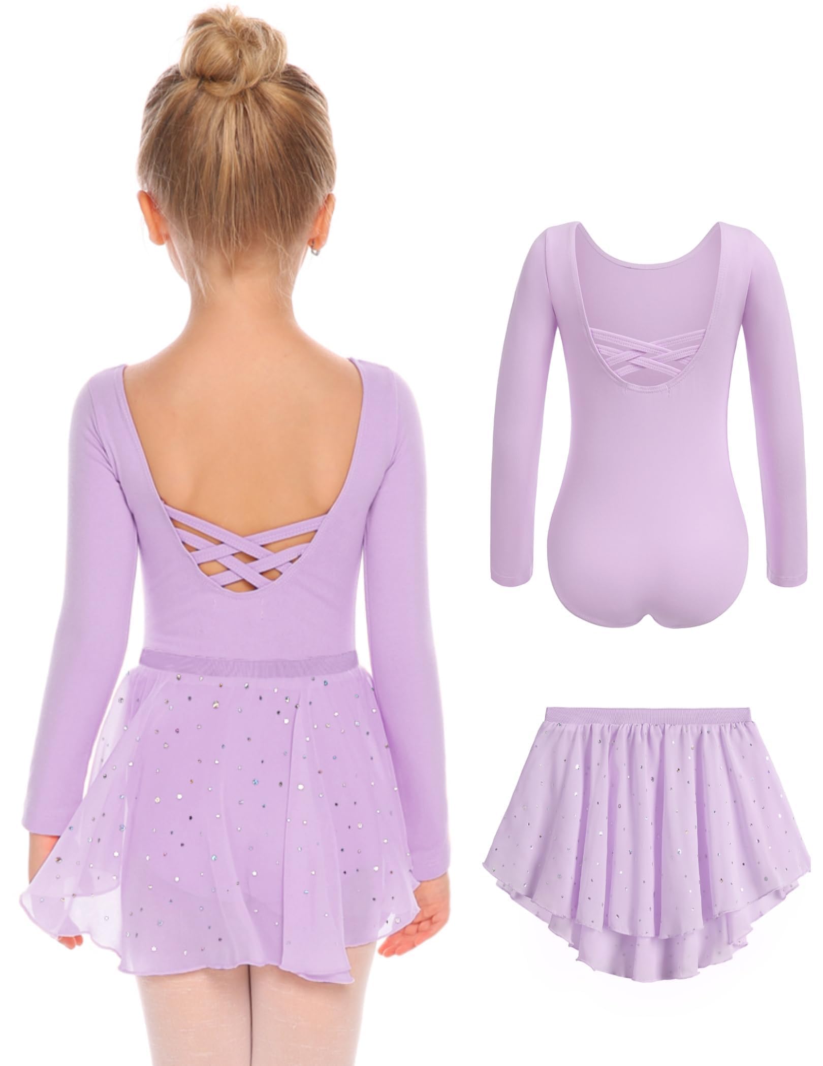 Arshiner Ballettkleidung Mädchen Rückenfrei Baumwolle Ballettkleid Balletttrikot Langzarm Tanzkleid Tanzbody mit Irregulär Chiffon Rock Tütü 2-10 Jahre