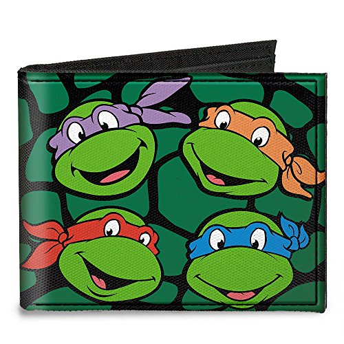 Buckle-Down Canvas Bi-fold Wallet-Classic TMNT Turtle Faces Black/gree