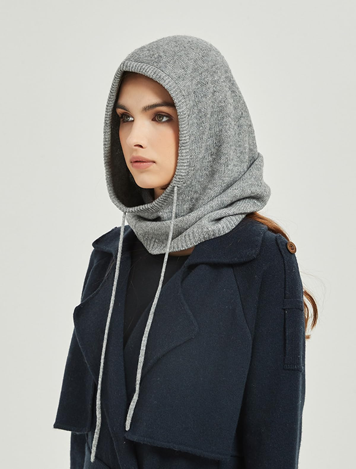 Unisexe Cagoule Bonnet Echarpe à Capuche, 10% Cachemire & 90% Laine, Hiver Doux Tricoté Chapeau Tube Écharpe 2 en 1 pour Femme Homme, Mode Chaud Foulard Loop à Capuche en Tricot, Cadeau Grey F