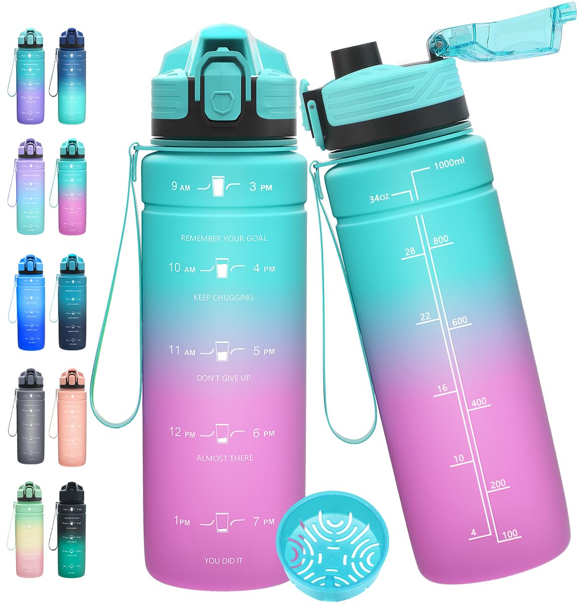 Expansea Trinkflasche 1L/500ml/ 700ml/1500ml Sportflasche, BPA-frei Tritan Trinkflasche Sport Auslaufsicher mit Zeitmarkierung - Wasserflasche für Fitness, Fahrrad, Outdoor, Yoga, Gym, Schule