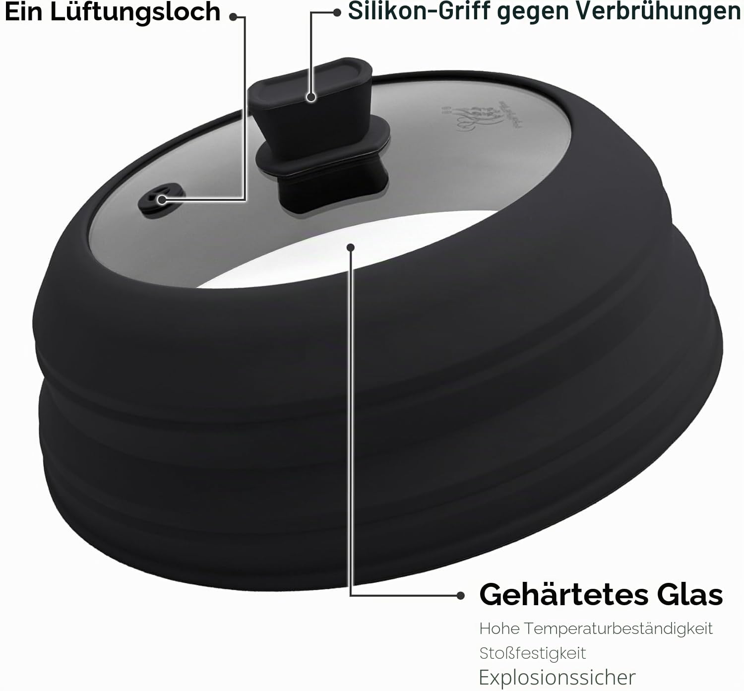 Mikrowellen-Abdeckung für Lebensmittel, 27,4 cm, zusammenklappbar, Mikrowellen-Spritzschutz mit Silikongriff für Topf, Teller, Schüssel (Schwarz)