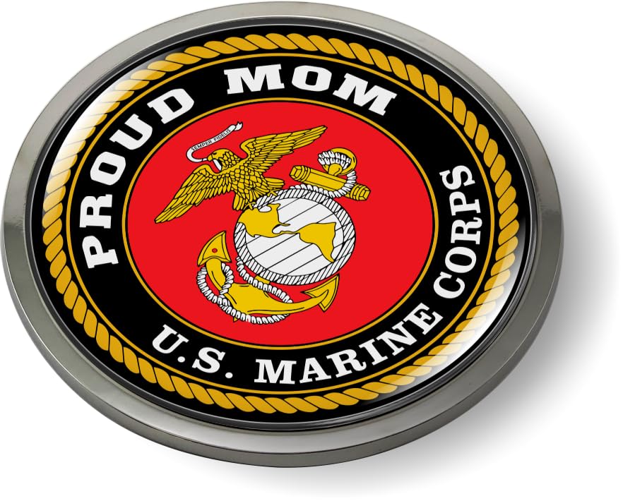 BestLicensePlateFrames - U.S. Marine Corps Proud Mom, USMC 3D Domed CAR Emblem Badge Sticker Chrome Metal Bezel - Official U.S. Marine Corps Licensed