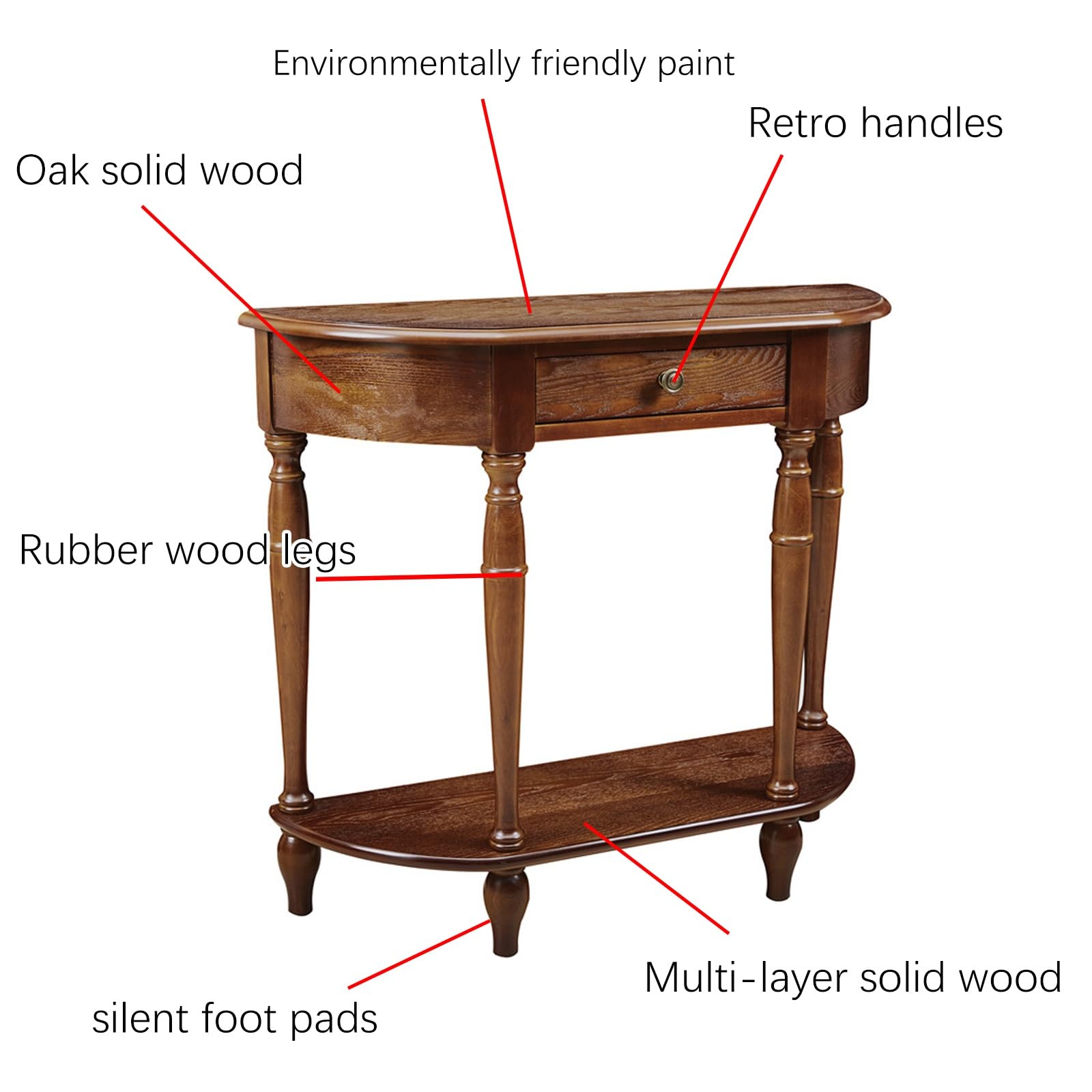Mesa consola de media luna de madera maciza, mesa de entrada con cajón de almacenamiento, mesa de sofá semicircular para decoración de pasillo y entrada