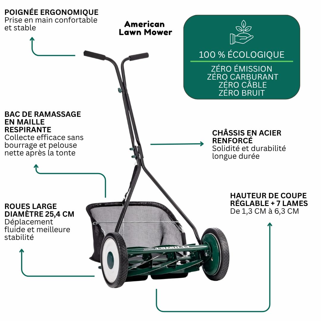 VENTEO Tondeuse Hélicoïdale Manuelle 7 Lames 40,6 cm Bac Ramassage Tondeuse Gazon sans Électricité