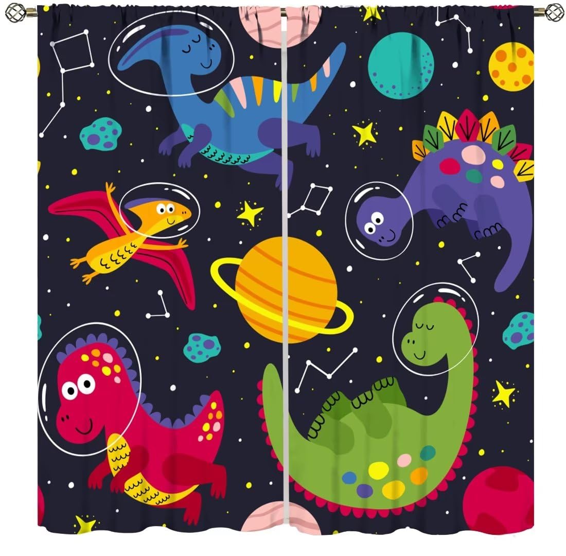 Kids Dino Outer Space Curtains,Cute Cartoon Dinosaur Starry Star Curtains Boys Girls Bedroom Living Room Study Room Baby Room Rod Pocket Window Drapes 2 Panel Set,Total Size 42